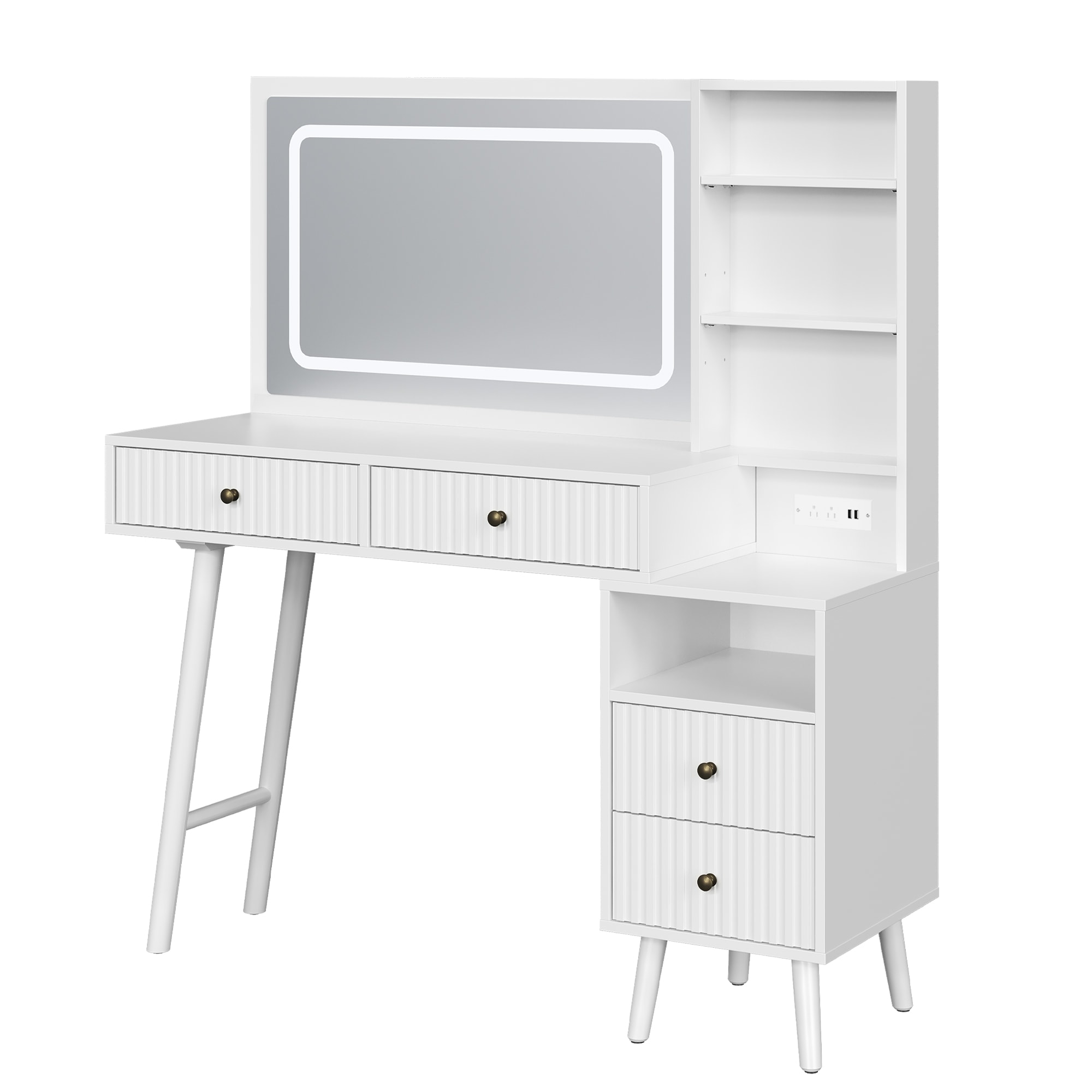 Fluted Vanity Desk With LED Lighted Mirror, Makeup Table With Drawers, 3 Lighting Colors Touch Control, For Bedroom, White_voghion.com